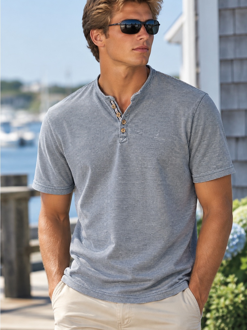 Bruno Milano Men's Short Sleeve Henley Shirt in Stripe Light Blue Size S